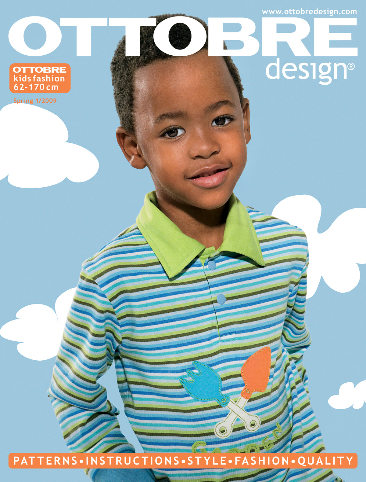 Magazine cover with a child wearing a striped shirt with a blue background.