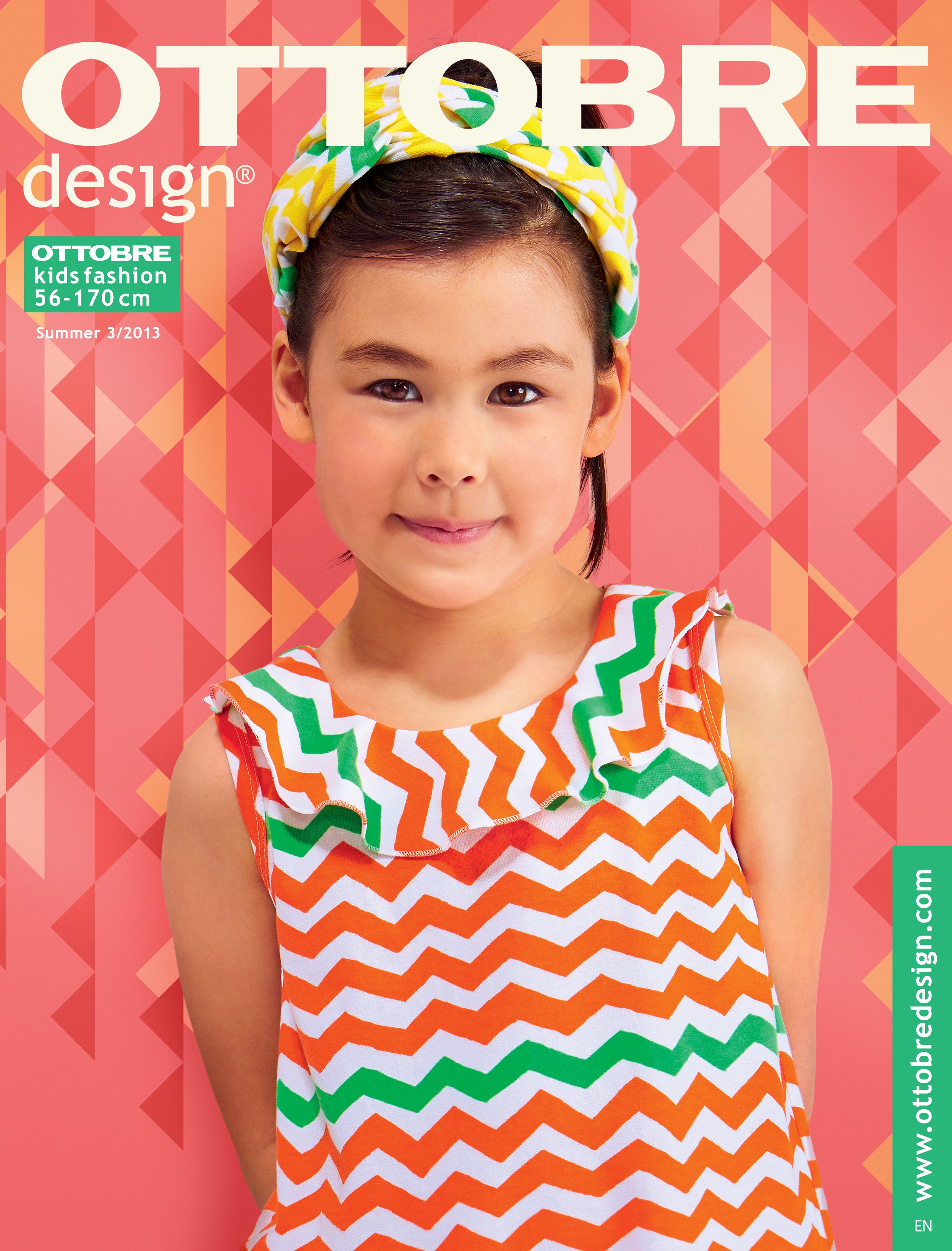 Young girl wearing a colorful zigzag dress with a headband on an 'Ottobre' magazine cover.